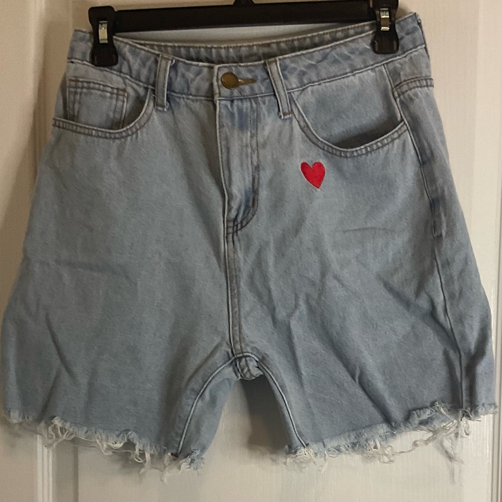 Light Blue Denim Shorts with Red Heart Embroidery